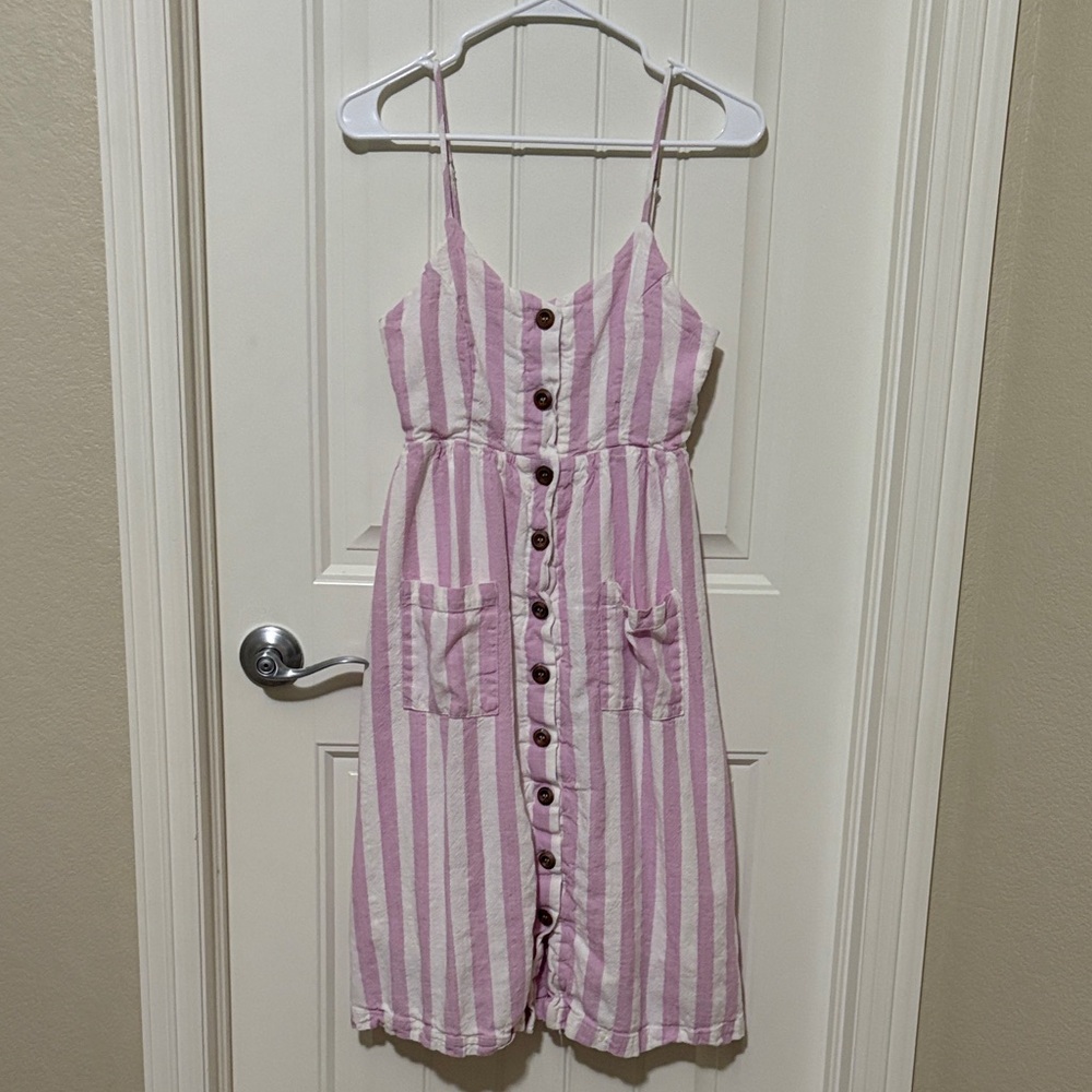 Lulus Linen Pink and White Striped Button-Down Dress
